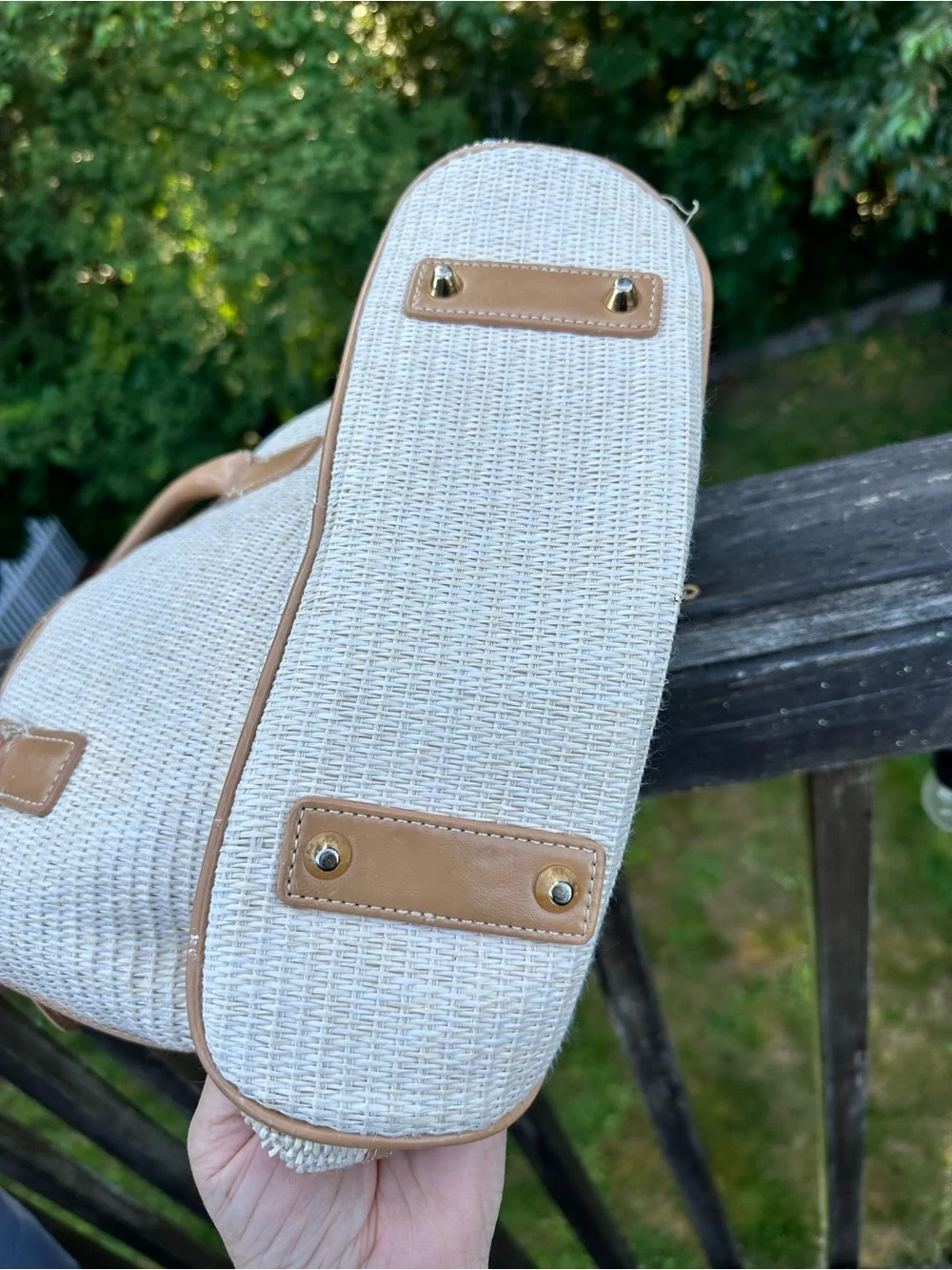 Woven Straw Tote Handbag with Tan Leather Trim